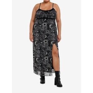 Cosmic Aura Hot Topic Black Celestial Print Maxi Dress Sun Moon Stars Goth 3x